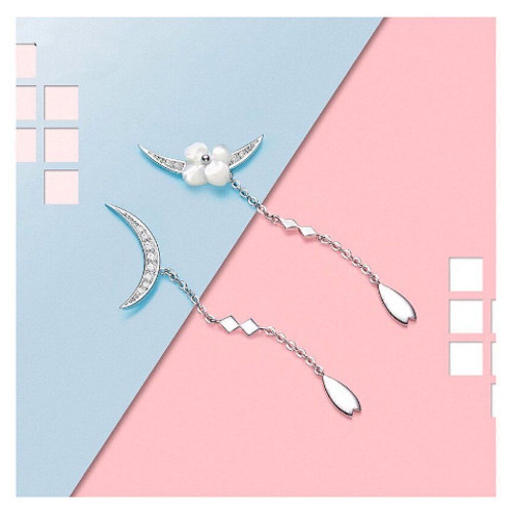 Silver Crescent Earrings Crystal Pearl Flower